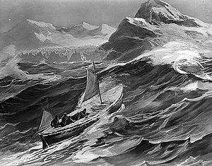 Rendition of the James Caird nearing South Georgia Island