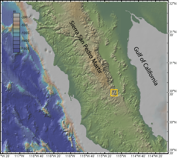 Figure 2. Shaded topographic and bathymetric map from GeoMapApp showing the northern part of the Baja California peninsula with Pacific Ocean to the west and Gulf of California to the east. Yellow box is location of photo shown in Fig.1.