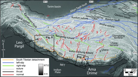 Figure 1. Shaded relief map of the Himalaya and Tibetan plateau with fault locations from Taylor and Yin (2009). Ama Drime massif (Fig. 4) and Leo Pargil dome (Fig. 8) occur in the transition between shortening in the foreland and extension in the Tibetan plateau. Modified after Langille et al. (in review). 
