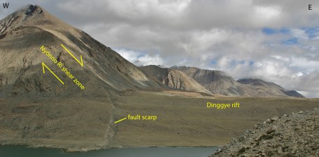 Figure 5. View toward the north along the Nyönno Ri detachment and the Dinggye rift. Footwall rocks are composed of sheared Ama Drime orthogneiss. Triangular facets are 1-km-tall. A fault scarp offset glacial moraines. Minimum exhumation rates derived from (U-Th)/He apatite thermochronometry were approximately 1 mm/yr between 1.5 and 3.0 Ma (Jessup et al., 2008).