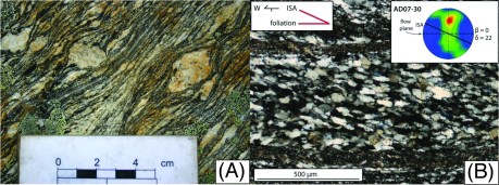 Figure 6. (A) Mylonite with shear bands from the Ama Drime detachment viewed toward the north records west-directed shearing. (B) Oblique grain shape fabric in an ultramylonite. Lattice preferred orientation (LPO) defined the flow plane. Angular relationships between Instantaneous Stretching Axis (ISA) and the flow plane were used to estimate strain and displacement on the shear zone (Langille et al., 2010). 