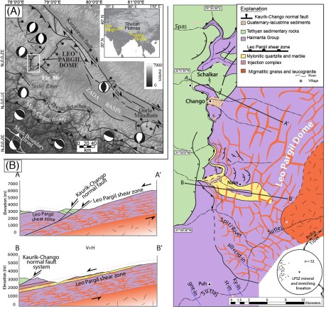 Figure 8. (A) Location map of Leo Pargil dome. (B) Simplified geologic map and cross sections through the Leo Pargil shear zone. Modified after Langille et al. (2012). 