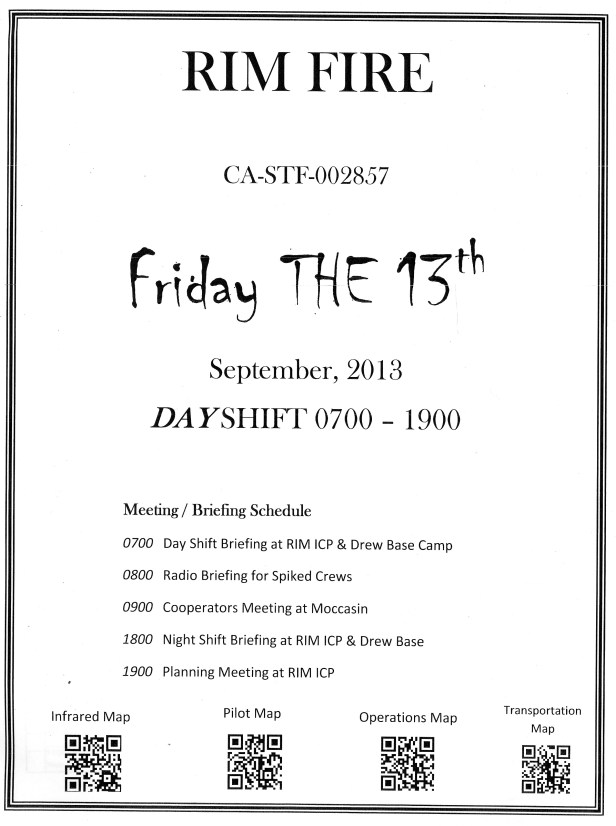 Figure 4 – The cover for the Rim Fire shift plan issued on Friday, September 13, 2013.  The QR icons provide connection to current versions of four maps covering the fire area.