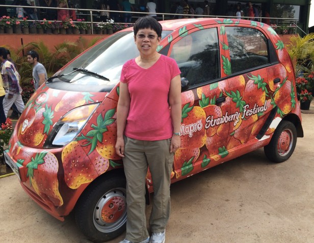 This is a strawberry version of the Tata “nano”.  The “nano” is the world’s cheapest car at ~ $2000 US dollars, made for the Indian market.