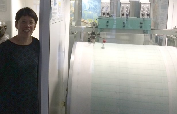 I am standing by a large analog seismograph display in the Earth Sciences building at the University of Tasmania in Hobart, where I gave a talk for the Geological Society of Australia TAS division.