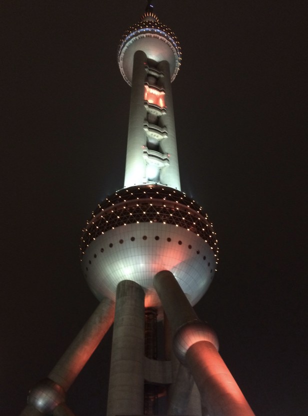  It was a treat to eat at the Oriental Pearl Tower, an atomic age rocket tower with a restaurant in the upper bubble, and a glass-floored overhanging observation deck.