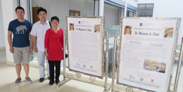 In the School of Geosciences at Yantze University, we pose by the GSA talk signs.  My faculty host Dr. Guangming Hu specializes in sequence stratigraphy.  One of my current M.S. students Kangcheng Yin (far left) joined us for part of the China portion of the trip to act as my translator (translating both lectures and conversations)- very handy for Wuhan.  