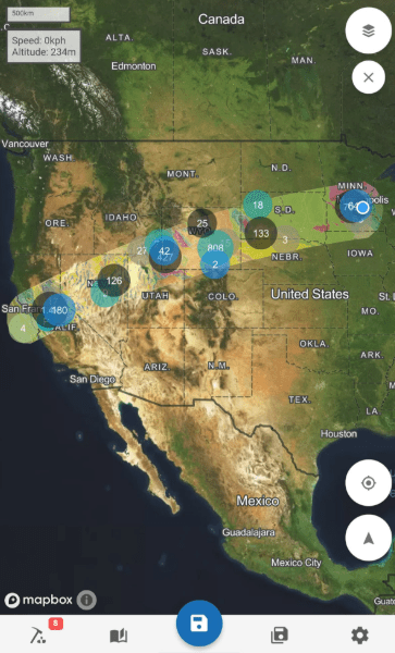 Screen capture map of western US from Flyover Country app