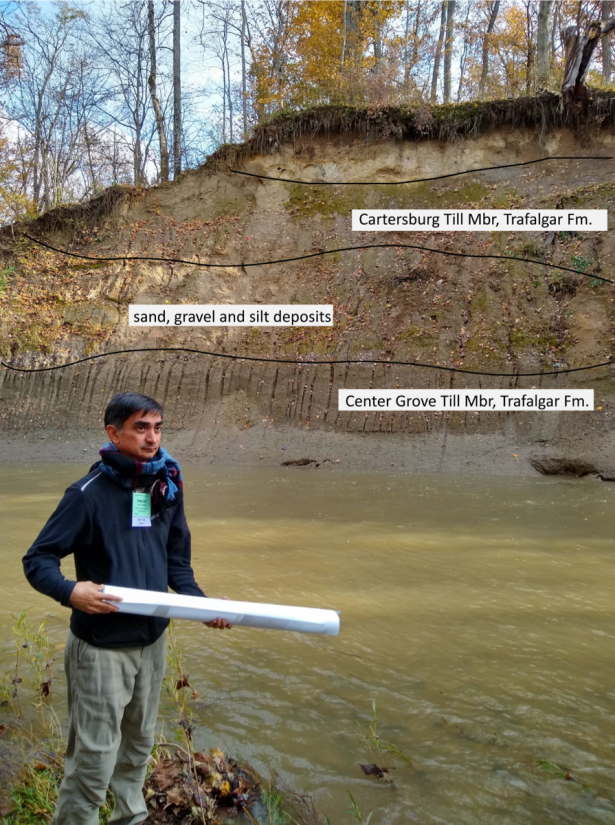 Stop 5. Clayton Section (private property), West Fork, White Lick Creek – tributary to White River. Overview of layers of till (gravel) and sand, silt and clay layers formed by glaciers, typical rock exposure. Water has receded two feet in one day, since last thunderstorm event; bank erosion potential is high.