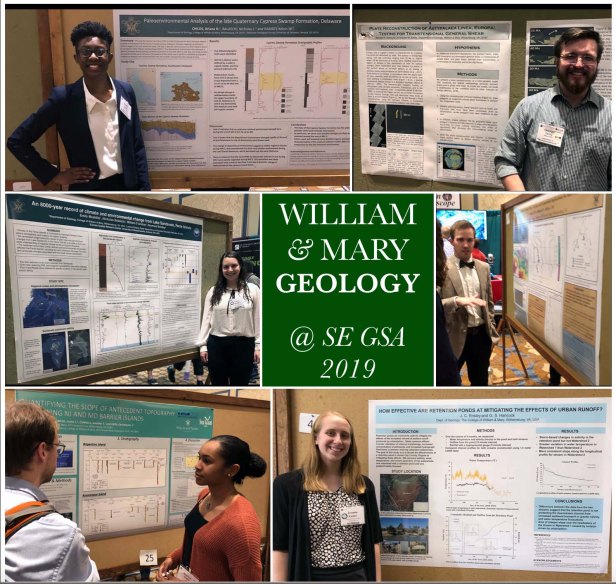 A plethora of posters! Clockwise from the upper left – Briana Childs, George Denny, a bow-tie clad Ben Landolt, Joanne Ensley, Bianca Boggs, and Emily Mushlitz presenting their posters. These were just a few of the William & Mary research posters presented at SE GSA 2019 in Charleston, South Carolina.