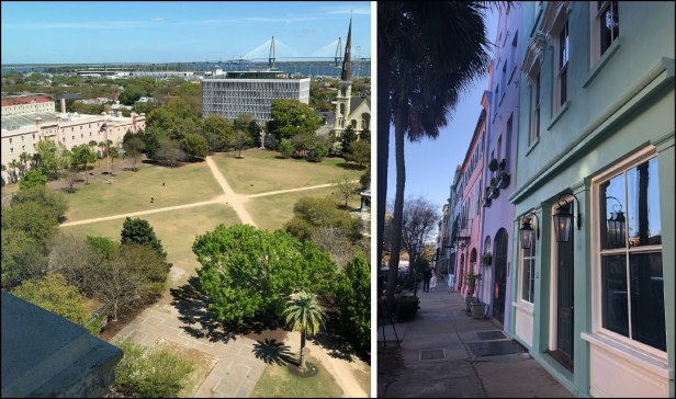 Left – a view of Charleston’s Marion Square with the Arthur Ravenel Jr. Bridge over the Cooper River in the distance. Right – Charleston’s Rainbow Row (photo courtesy of Briana Childs).