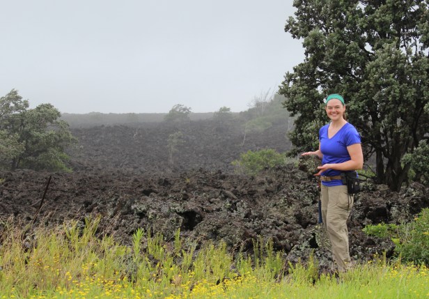 Jillian Schleicher collecting samples from the 1868 Mauna Loa eruption in Hawaii as part of her Ph.D. dissertation at the University of Washington.