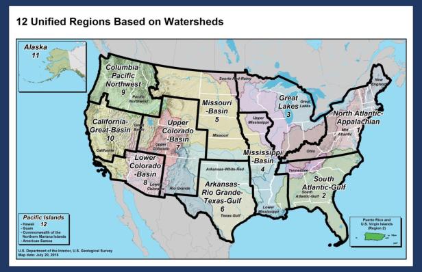 Map of the Department of Interior’s (DOI’s) proposed 12 unified regions; doi.gov