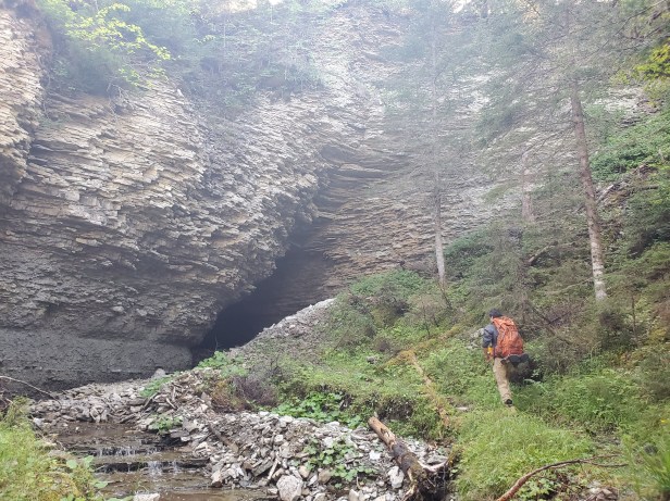 Karst surfaces provide excellent access to the fossil record in the center of Anticosti Island (Québec, Canada) where exposures of the Ordovician-Silurian boundary are otherwise absent. This section provides excellent bedding planes to collect fossil, particularly inside the cave itself!