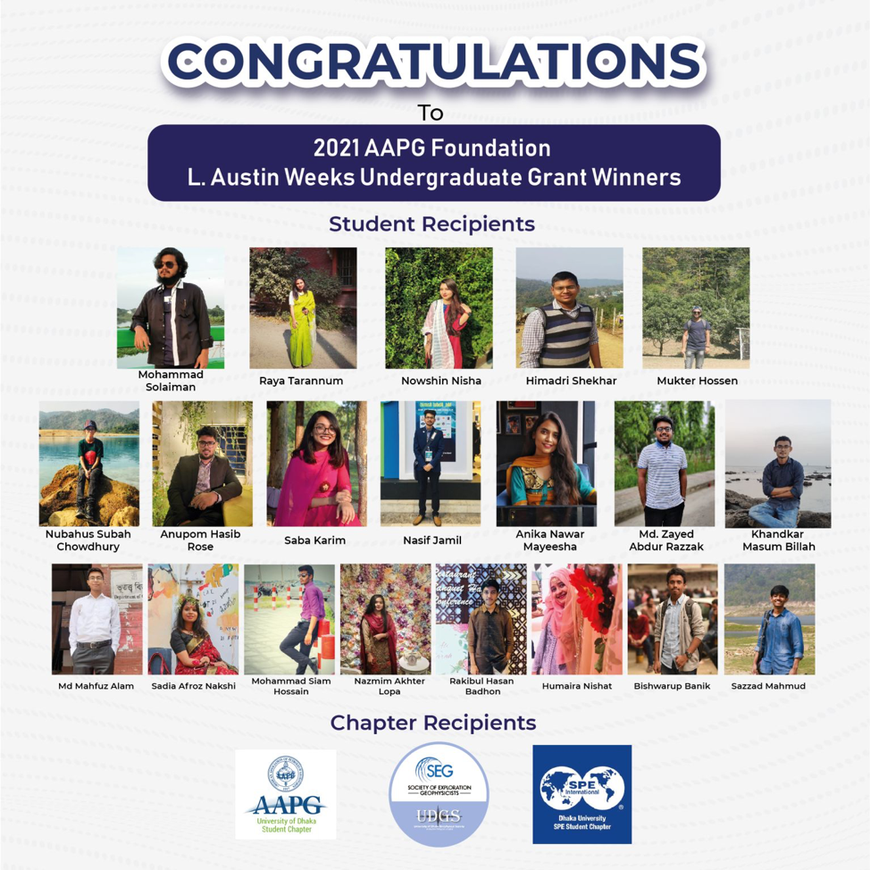 Figure 10. COVID-19 pandemic did not put a complete dent in student-led activities.  Well-focused and guided students took advantage of L. Austin Weeks Undergraduate Scholarships and became successful. Local Student Chapters AAPG, SEG, SPE, UDGS were among the recipients. 