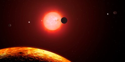 A red dwarf star and six of the planets as they would appear from the vantage point of the fifth outermost planet, Trappist-1f. All of the planets and the Sun are to scale. One of the worlds is seen transiting in front of the star.
